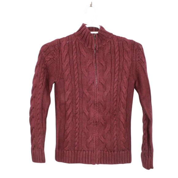 LL Bean Double L Cable Sweater Zip Cardigan Maroon Size Small - Picture 1 of 10